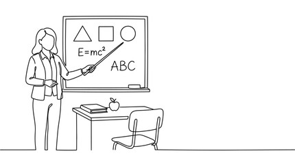 Continuous line drawing of a teacher pointing at a blackboard in a classroom. © Parvina