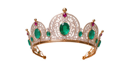 Ornate gold tiara with emeralds and rubies, isolated on transparent background © Elena