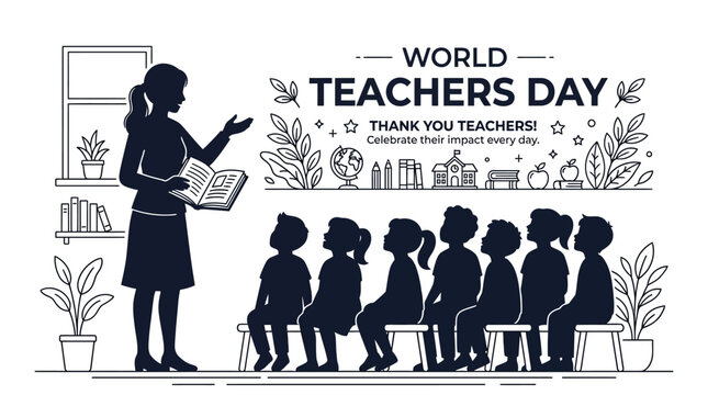 Silhouette illustration of a teacher instructing a group of young students in a classroom setting.