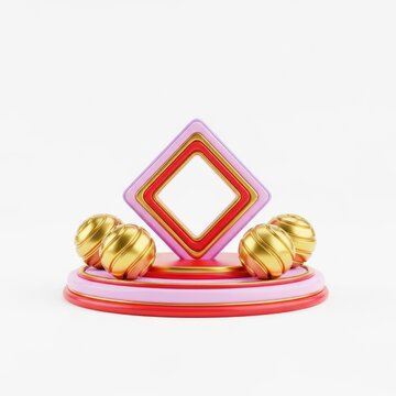 Colorful geometric structure with golden orbs isolated on white background