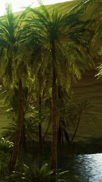 Palm trees stand tall near a body of water. The scene contains dense green plants and a bright setting, showing a tropical landscape under warm sunlight.