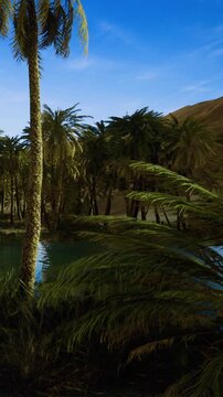 Palm trees surround a calm body of water in a desert area. Sand dunes are visible in the background under a clear blue sky. The scene shows nature thriving in a dry environment.