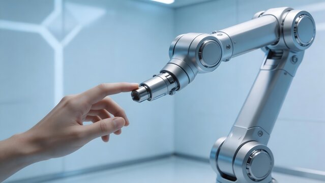 Human hand near robotic arm