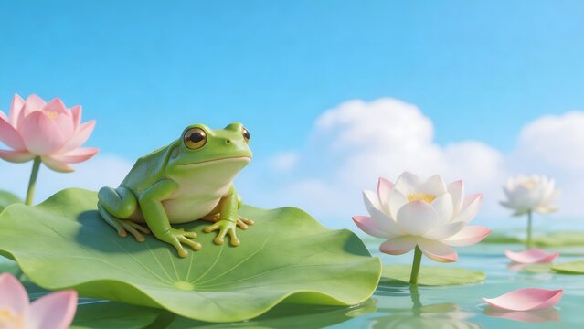 Green frog on lotus leaf