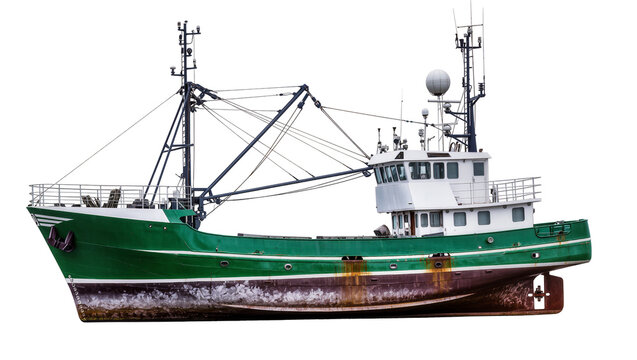 Green fishing trawler with rusty hull, isolated on transparent background