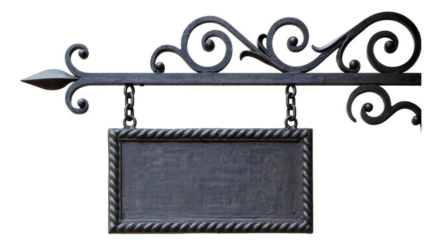 Ornate wrought iron hanging sign with decorative scrollwork, isolated on transparent background