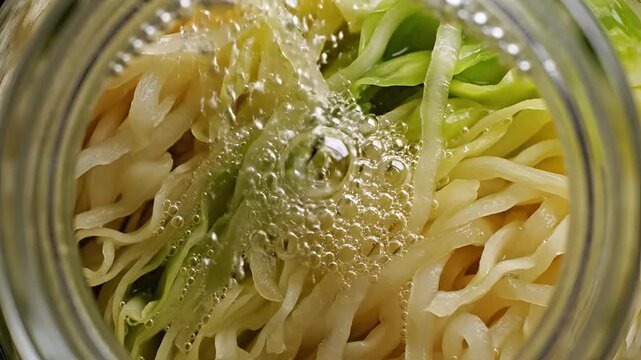 Fermenting Cabbage in a Jar with Bubbles and Sesame Seeds.