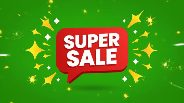 Super Sale Announcement with Explosive Sparkles and Green Background.