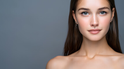 Fototapeta premium Portrait of young brunette woman with natural makeup and clean skin on neutral background. Beauty and skincare concept with soft light and fresh look.