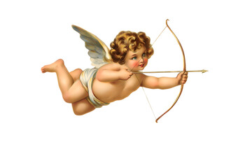 Obraz premium Vintage cupid illustration with bow and arrow isolated on white background. Love and valentine concept with retro romantic aesthetic.