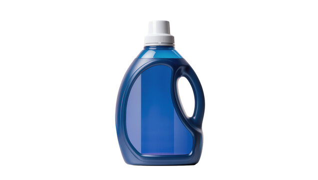 Blue liquid detergent bottle with white cap, isolated on transparent background