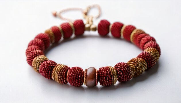Red and Gold Beaded Bracelet on White Background.