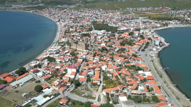 Aerial View of Candarli Peninsula and Coastal Town with Turquoise Aegean Sea, Izmir, Turkey. High quality 4k footage