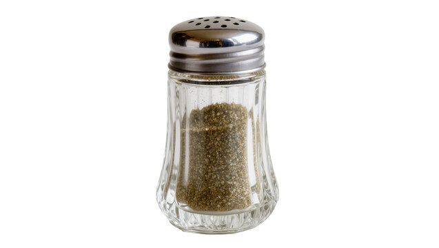 Clear glass pepper shaker with metal lid filled with ground pepper, isolated on transparent background