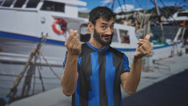 Man soccer player, bearded and middle aged, in blue and black striped jersey making pinched fingers money gesture beside a docked boat at a marina on street; playful invitation.