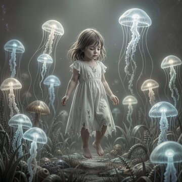 An ethereal child spirit, rendered in soft, muted tones, floats gently amidst a field of luminous, bioluminescent jellyfish