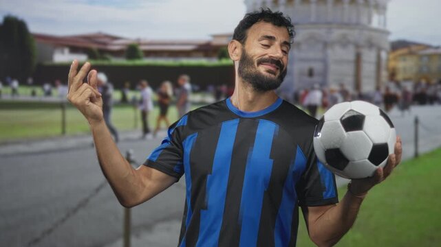 Man hispanic middle age with beard in blue striped soccer uniform holding a soccer ball in one hand and making a pinched fingers gesture at building lawn and walkway; confidence swagger.
