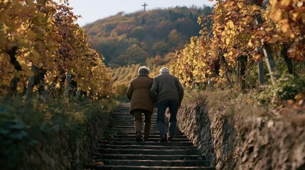 Fototapeta premium A heartfelt documentarystyle medium shot of an elderly couple climbing a rustic stepped path surrounded by colorful autumn vineyards with the cross atop the hill softly out of