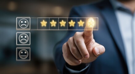 Obraz premium Person selects a star from a rating scale, indicating satisfaction