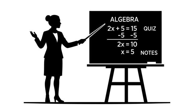 Silhouette of a female teacher explaining an algebra equation on a blackboard.
