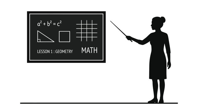 Silhouette of a female teacher pointing at a geometry lesson on a blackboard.