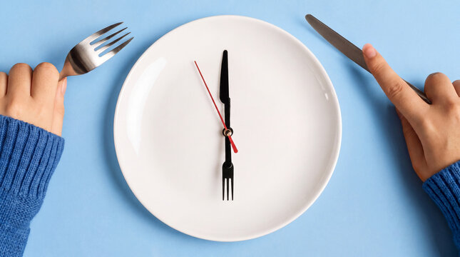 Intermittent fasting concept with empty white plate clock and cutlery on pastel blue background