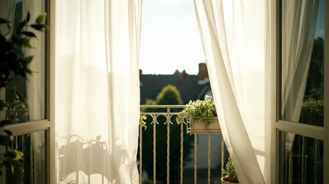 A sunlit balcony reveals sheer, billowing curtains, framing a view of rooftops, with potted plants