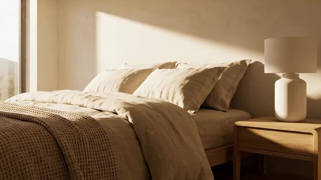 A sunlit bedroom interior, with a bed, a lamp, and a window view
