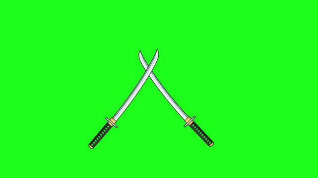 Two crossed samurai katana swords animation on green screen.
