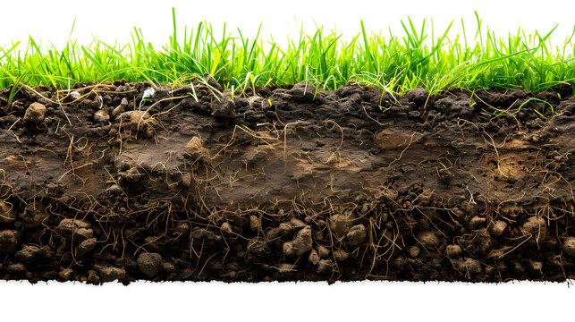 Soil cross section with green grass isolated on white background, natural ground layer with rich texture.