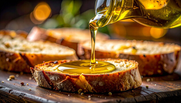 Rustic bread with olive oil dip glossy shine fine dining macro close up