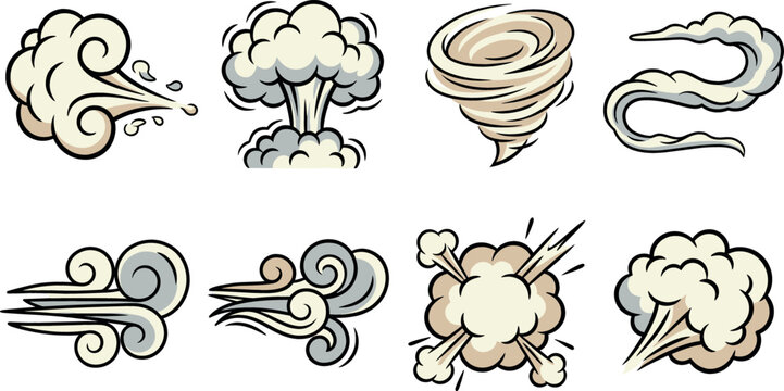 Comic smoke cloud and wind effect vector set collection featuring cartoon explosions twister tornadoes gust of air trails and steam puffs isolated on white background