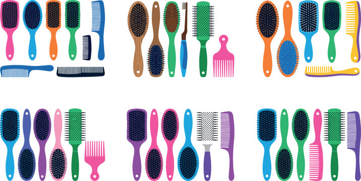 Colorful hairbrush and comb vector set collection featuring various hair care tools detangling paddles round rollers and styling picks isolated on white background