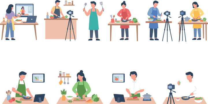 Cooking blogger vector character set collection featuring chefs recording video recipes food vlogging and online culinary classes isolated on white background