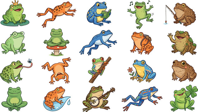 Cute cartoon frog characters collection with funny activities playing banjo reading meditating fishing and jumping stickers sheet set flat vector illustration