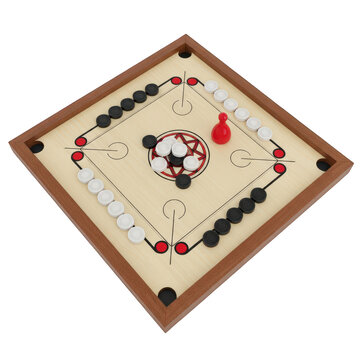 Traditional wooden carrom board with pieces isolated on transparent background