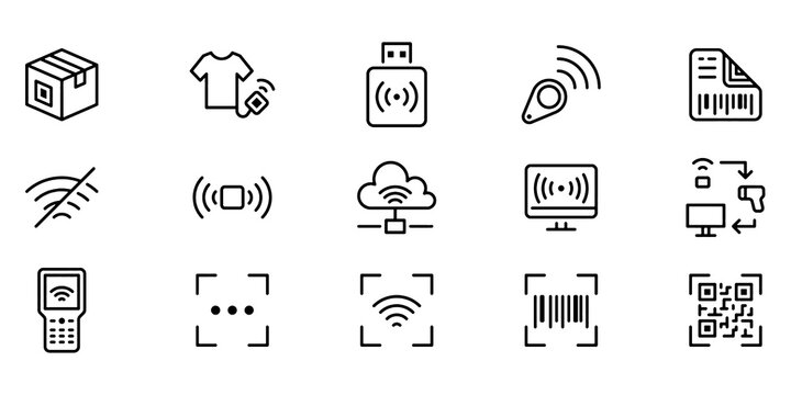 RFID QR Barcode Line Icon Set, Retail Scanner Vector Transparent Background
