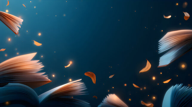 Magical glowing book pages with sparkling light effects on dark background
