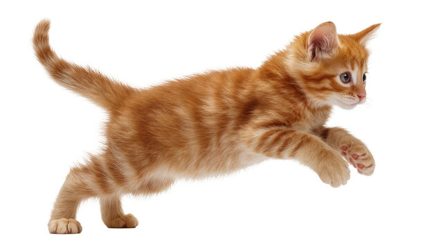 Orange tabby kitten mid-air jump, isolated on transparent background