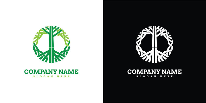 Circular Tree of Life Logo &ndash; Geometric Green Tree Roots and Branches Vector Illustration