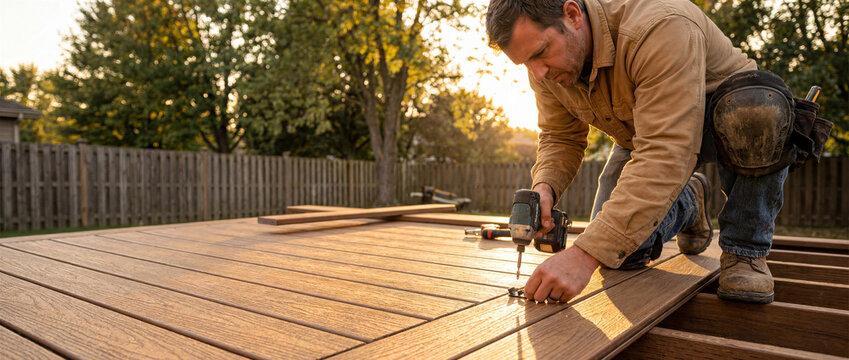 Carpenter installing composite deck boards with power drill