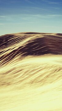 Golden sand dunes stretch across the landscape under a clear blue sky. The sun casts shadows that highlight the texture of the dunes. This scene captures the beauty of nature in the desert.