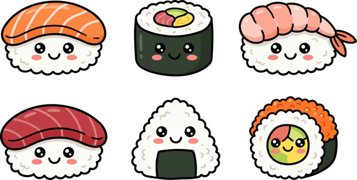 Set of cute kawaii sushi rolls and nigiri featuring happy smiling faces designed as a colorful flat vector illustration collection