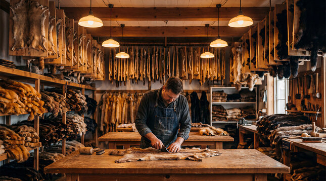 Artisan dressing fur pelts in traditional workshop