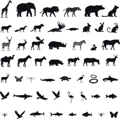 Naklejka premium Wild Animal Silhouette Collection Vector Set Isolated on White Background
