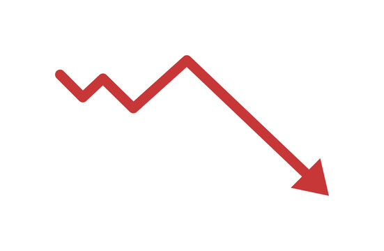 Declining zigzag arrow graph. Red downward trend symbol. Financial decrease design for business reports and market analysis