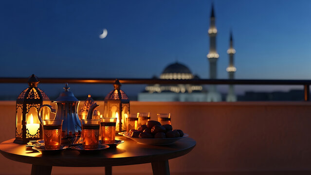 Ramadan Iftar Table with Dates, Tea, and Mosque View at Dusk