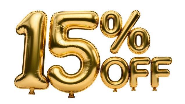 Golden 15% OFF balloons isolated on transparent background