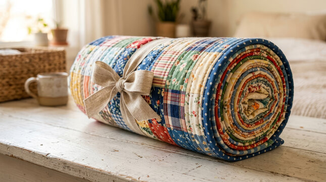 A colorful, rolled quilt adorned with various patterns and tied with a linen ribbon, resting on a rustic wooden table.