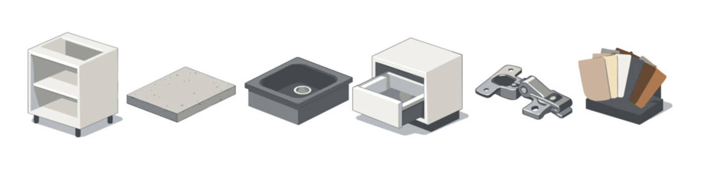 Isometric kitchen cabinet components and hardware for design and renovation